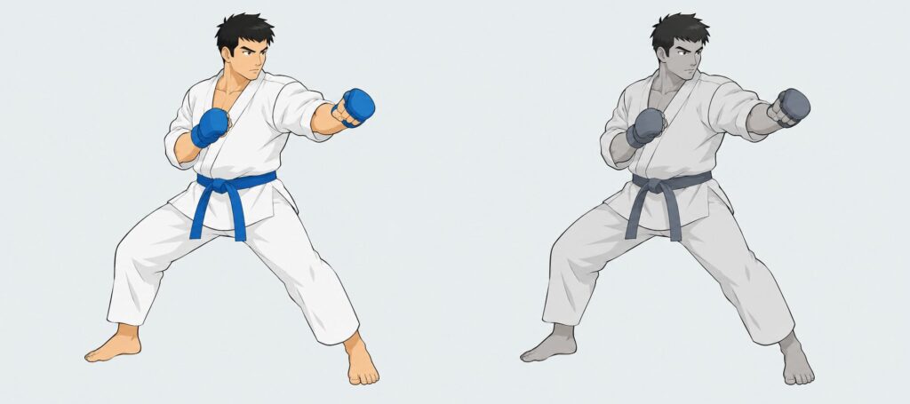 スト6のバーンアウトの見た目。通常は色鮮やかなキャラクターが、バーンアウトになると全身が灰色にくすむ様子を左右で比較した図
