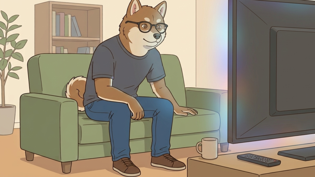 配信を観ながら、画面の見方が少しずつ分かってきた様子の柴犬のキャラクター