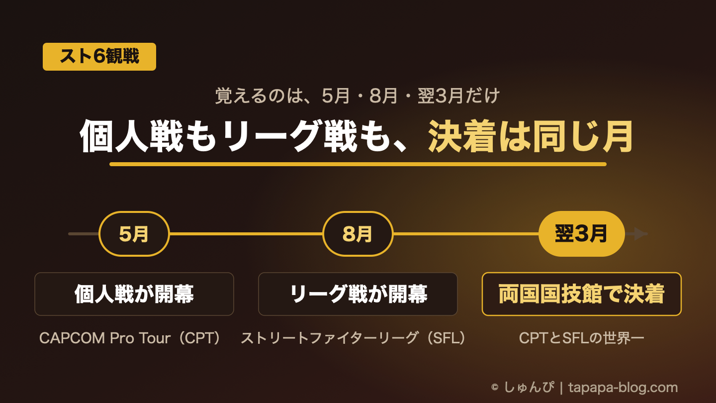 スト6の1年の答えを示したアイキャッチ。個人戦もリーグ戦も、決着は同じ月。時間の線に5月・8月・翌3月が並び、5月に個人戦（CAPCOM Pro Tour・CPT）が開幕、8月にリーグ戦（ストリートファイターリーグ・SFL）が開幕、翌3月に両国国技館でCPTとSFLの世界一が決着する