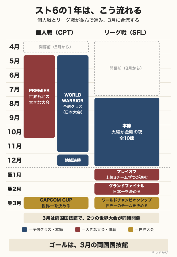 スト6の1年の流れを月ごとに示した図。左の列は個人戦（CPT）で、5月に始まる世界各地の大きな大会PREMIERと予選クラスのWORLD WARRIOR日本大会が続き、12月に地域決勝。右の列はリーグ戦（SFL）で、8月に本節が始まって12月まで、翌1月にプレイオフ、翌2月にグランドファイナル。翌3月に両方が両国国技館で世界大会を迎え、ここが1年のゴール